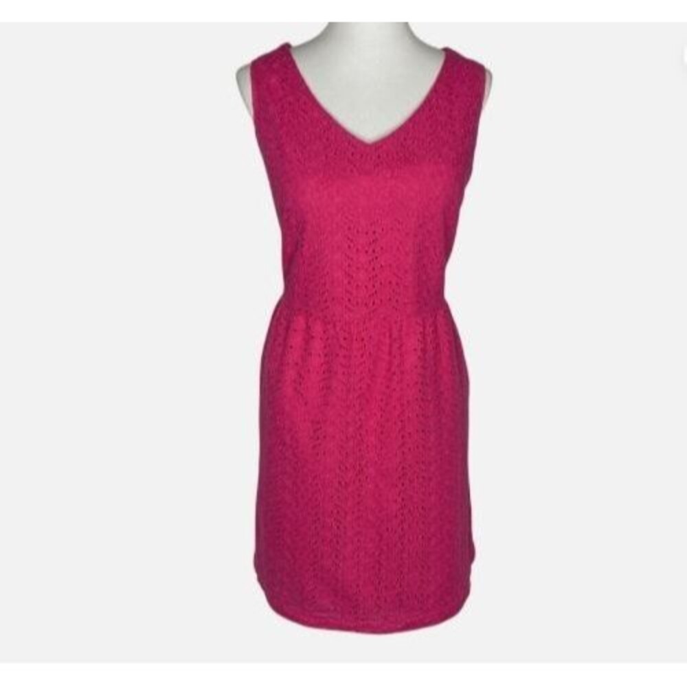 LL Bean Sheath Dress Womens 8P Hot Pink Eyelet Sleeveless Preppy Summer Casual
